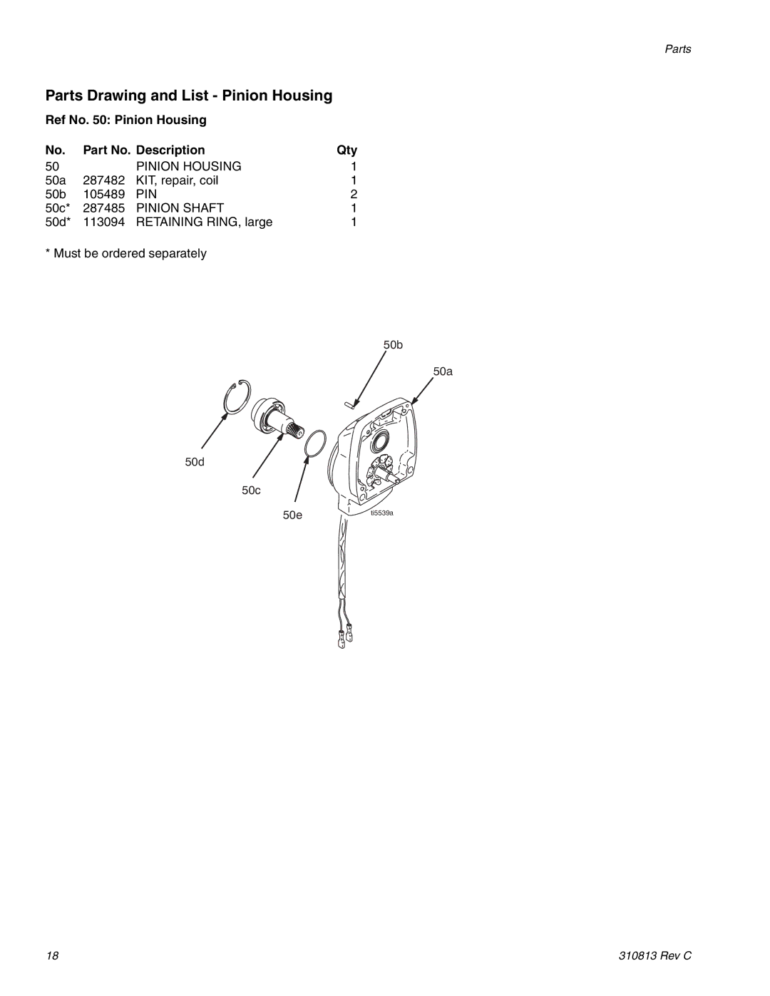 Graco 3400 manual Parts Drawing and List Pinion Housing, Ref No Pinion Housing Part No. Description Qty, Pinion Shaft 