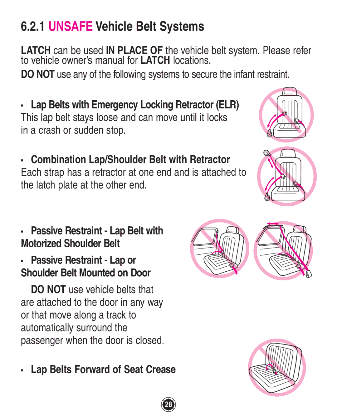 Graco 1760658, 35, 1760657 Unsafe Vehicle Belt Systems, Do not use vehicle belts that, Lap Belts Forward of Seat Crease 