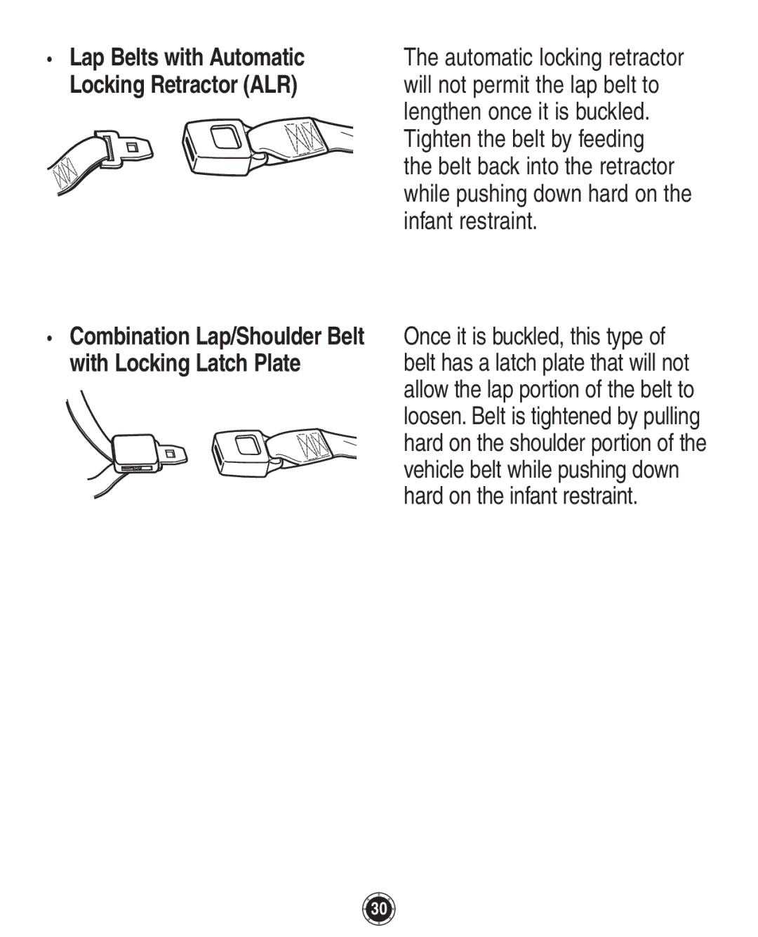 Graco 35, 1760658, 1760657 owner manual Lap Belts with Automatic, Locking Retractor ALR, With Locking Latch Plate 