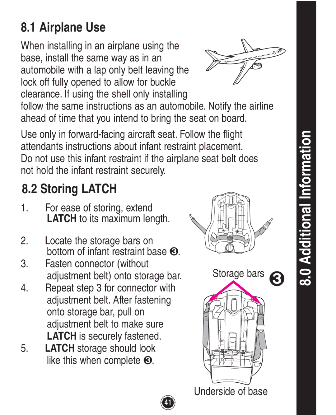 Graco 1760657, 35, 1760658 owner manual Airplane Use, Storing Latch 