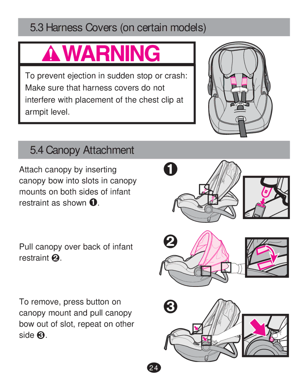 Graco 35 LX manual Harness Covers on certain models, Canopy Attachment 