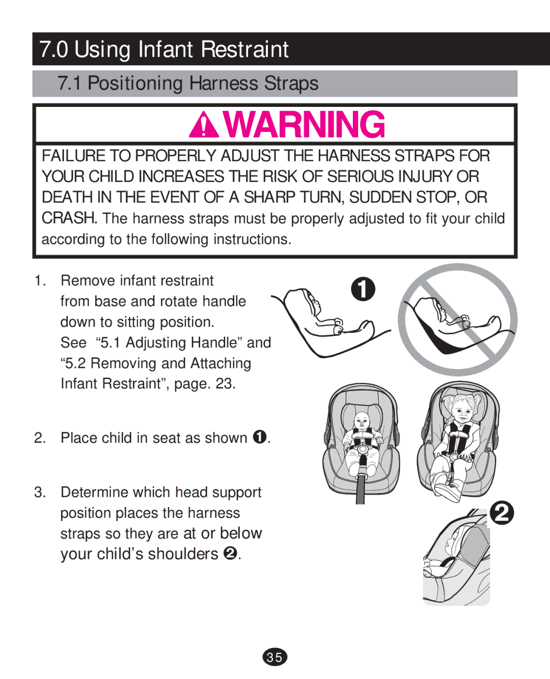 Graco 35 LX manual Using Infant Restraint, Positioning Harness Straps, Your child’s shoulders š 