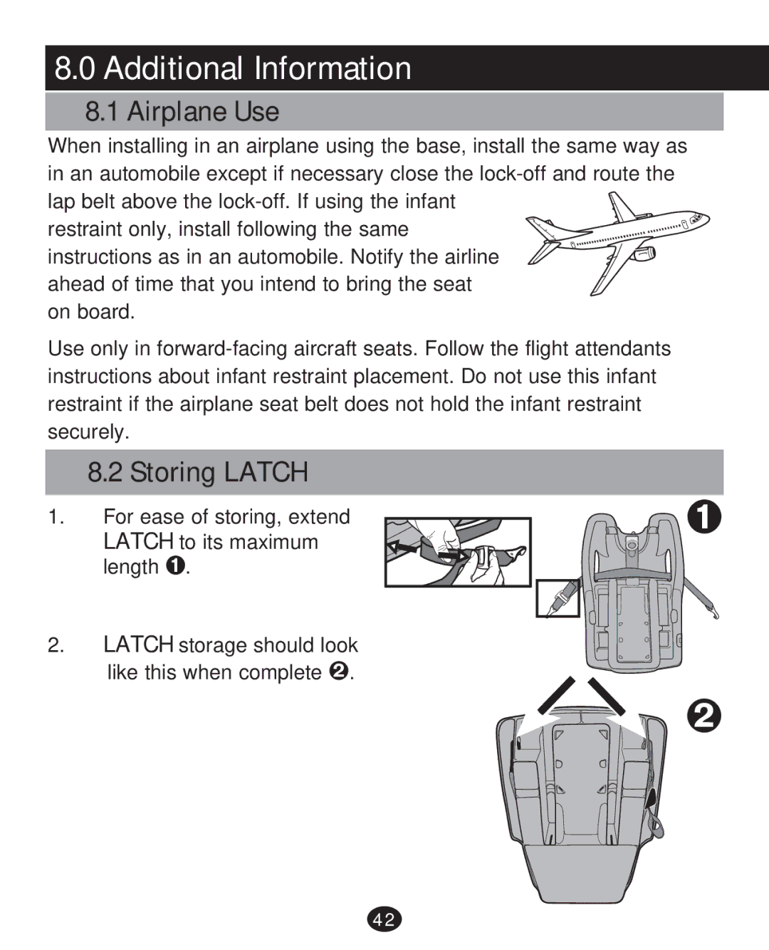 Graco 35 LX manual Additional Information, Airplane Use, Storing Latch 