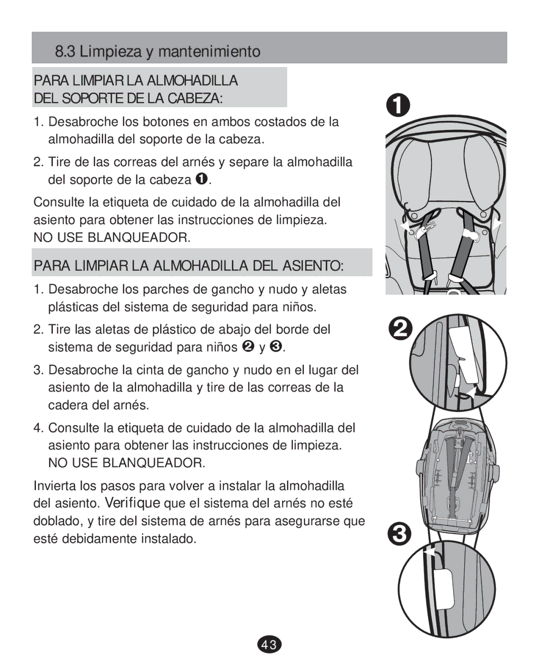 Graco 35 LX manual Limpieza y mantenimiento, Para Limpiar LA Almohadilla DEL Soporte DE LA Cabeza 