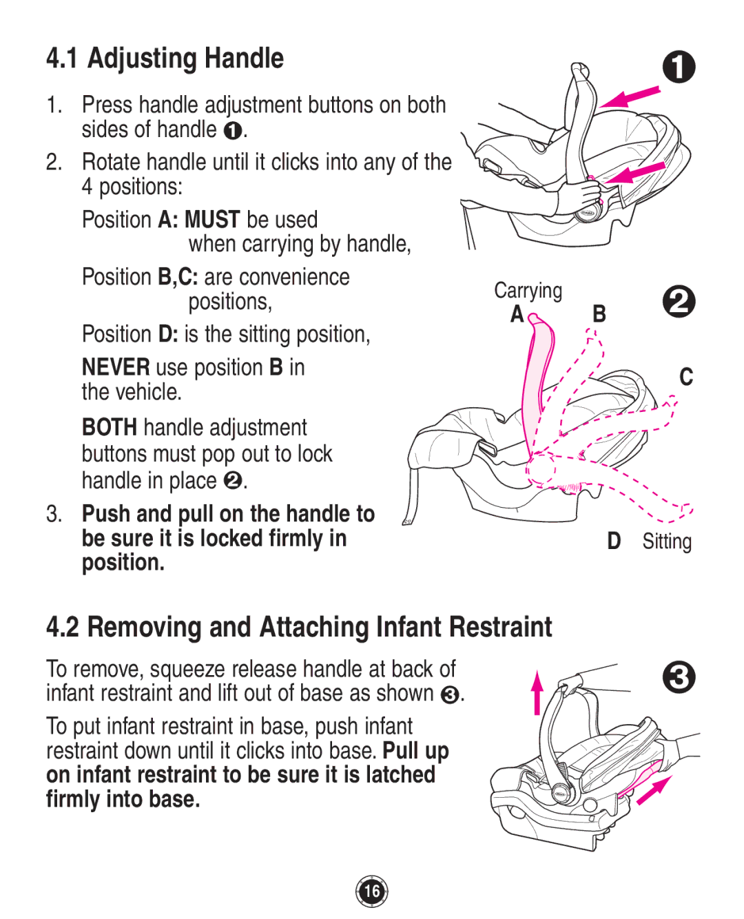 Graco 35 owner manual Adjusting Handle, Removing and Attaching Infant Restraint 