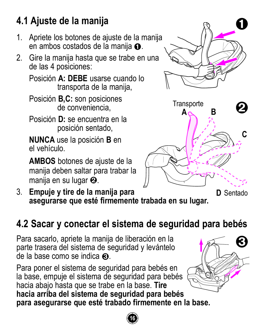 Graco 35 owner manual Ajuste de la manija, Sacar y conectar el sistema de seguridad para bebés 