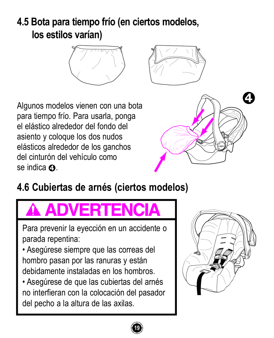 Graco 35 owner manual Bota para tiempo frío en ciertos modelos, los estilos varían, Cubiertas de arnés ciertos modelos 