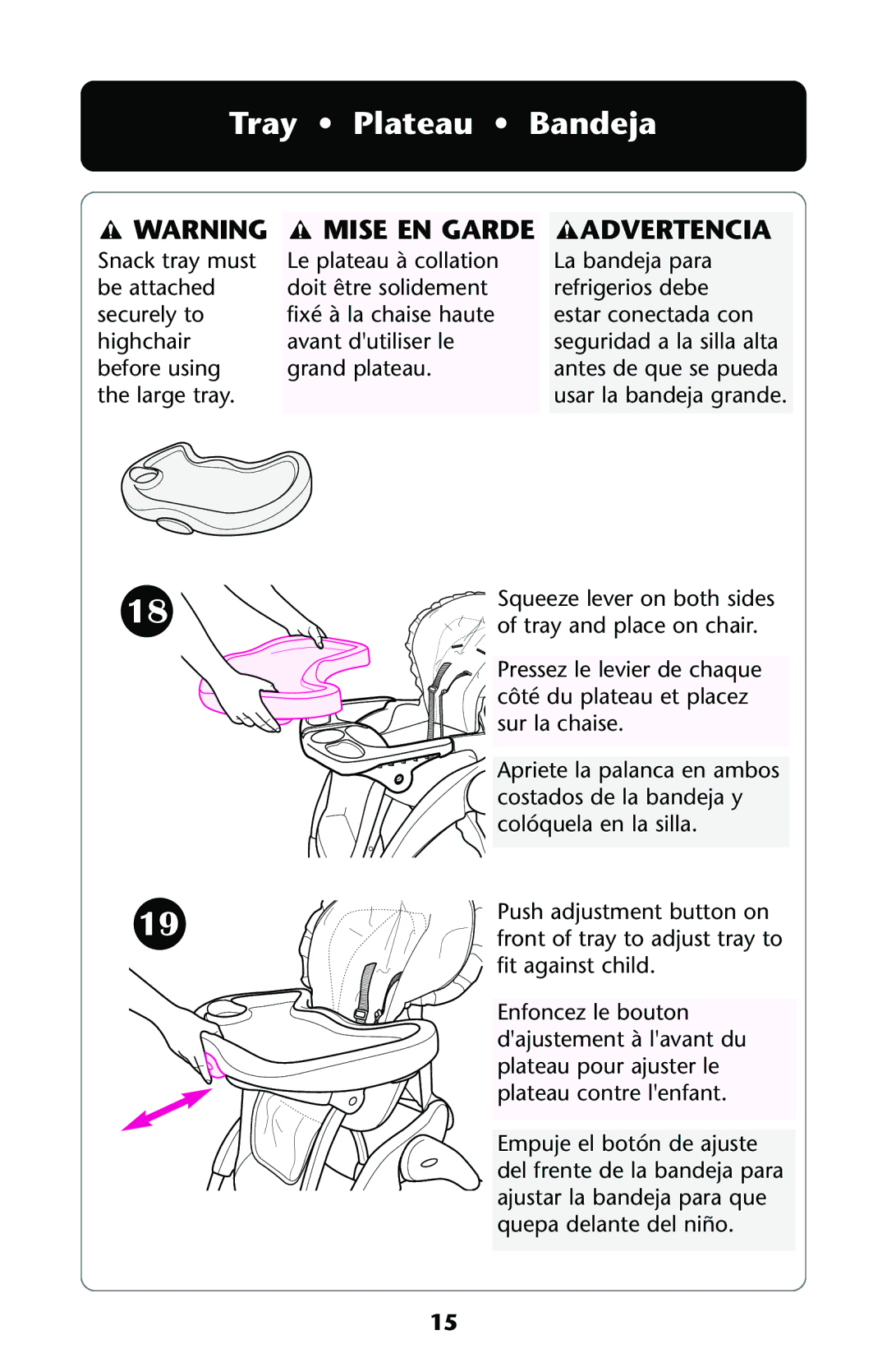 Graco 35610 manual Tray Plateau Bandeja, Advertencia 