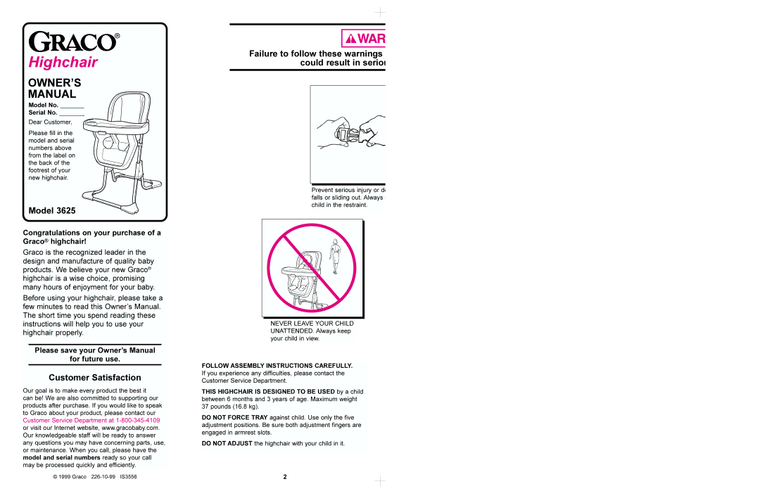 Graco 3625 manual Model, Customer Satisfaction, Failure to follow these warnings could result in seriou, For future use 