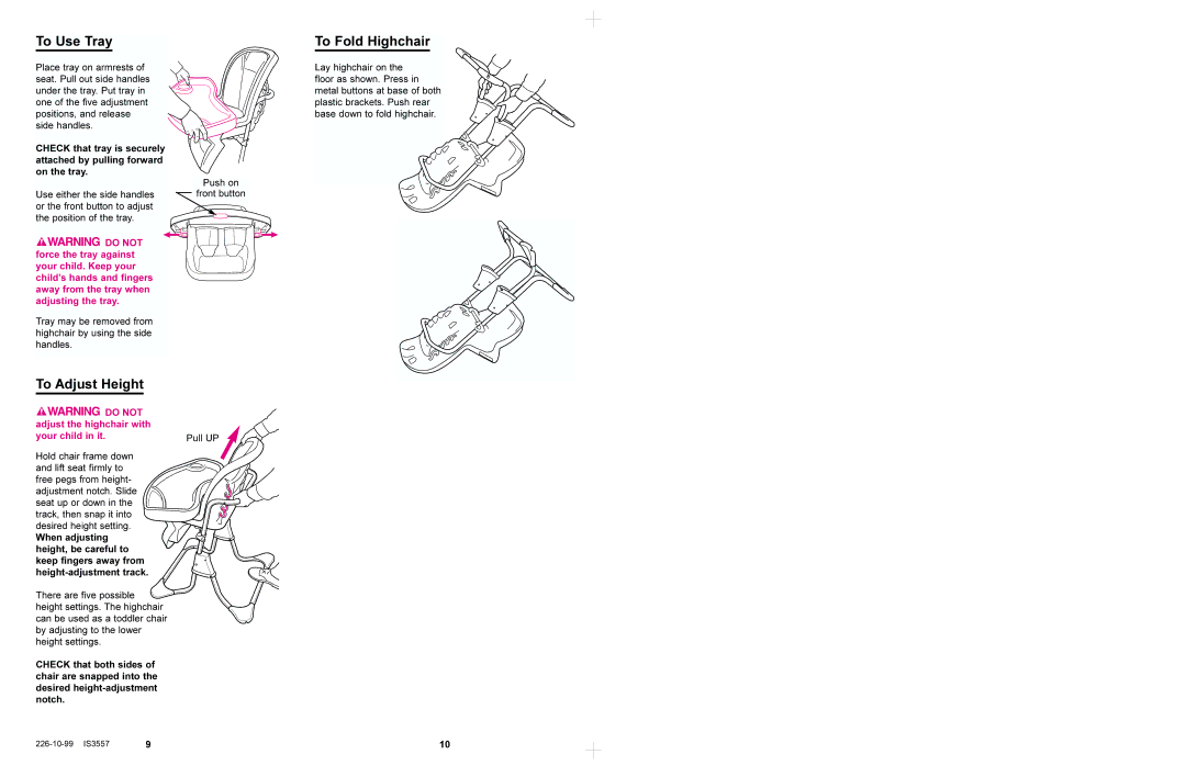 Graco 3625 manual To Use Tray, To Fold Highchair, To Adjust Height, Pull UP 