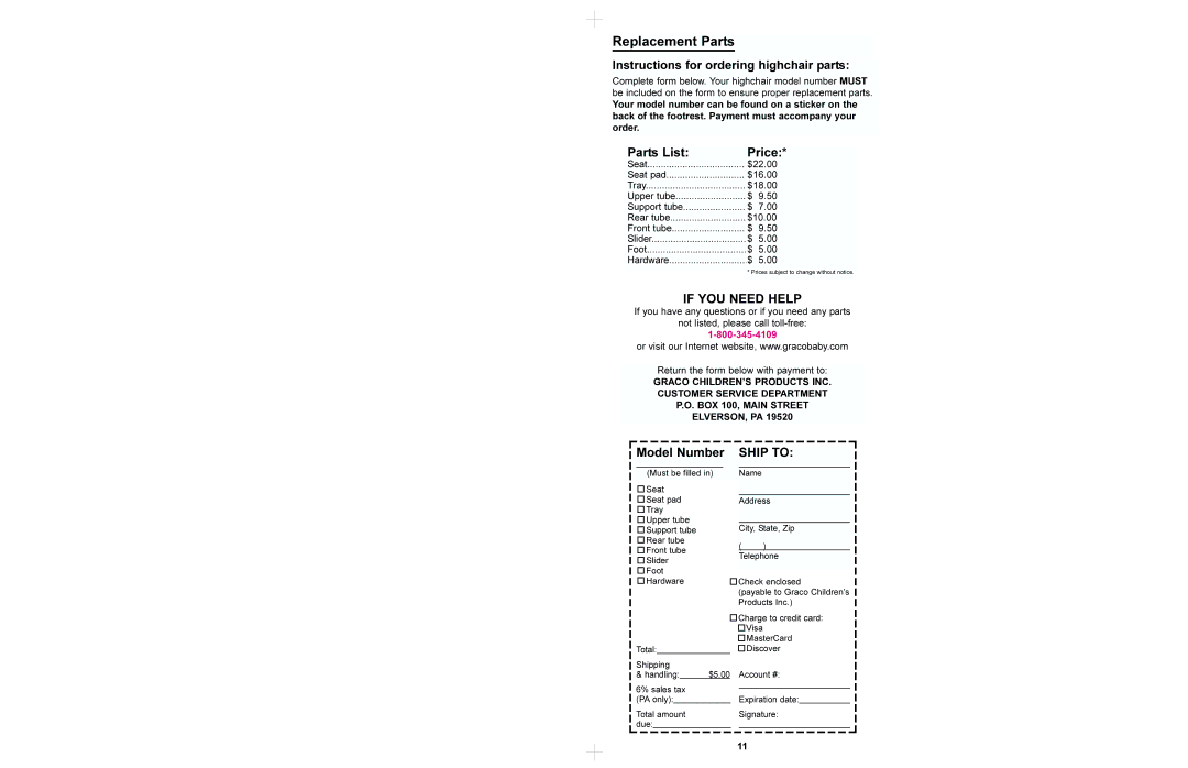 Graco 3625 manual Replacement Parts, Instructions for ordering highchair parts, Parts List Price, Model Number 