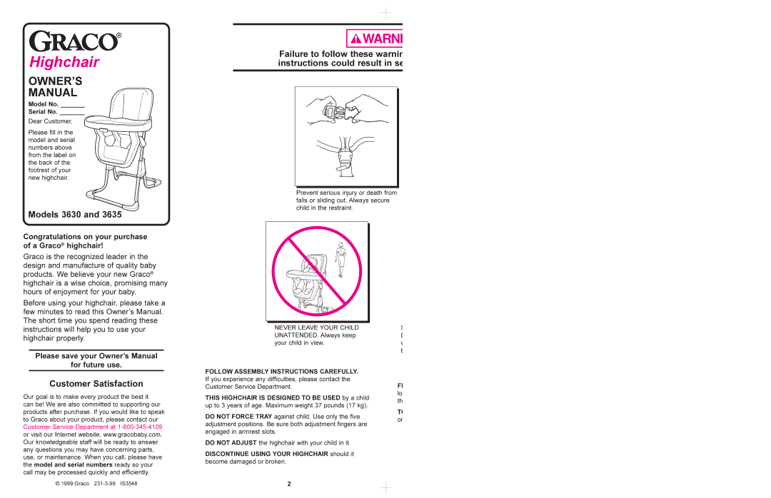 Graco manual Models 3630, Customer Satisfaction, Congratulations on your purchase of a Graco highchair, For future use 