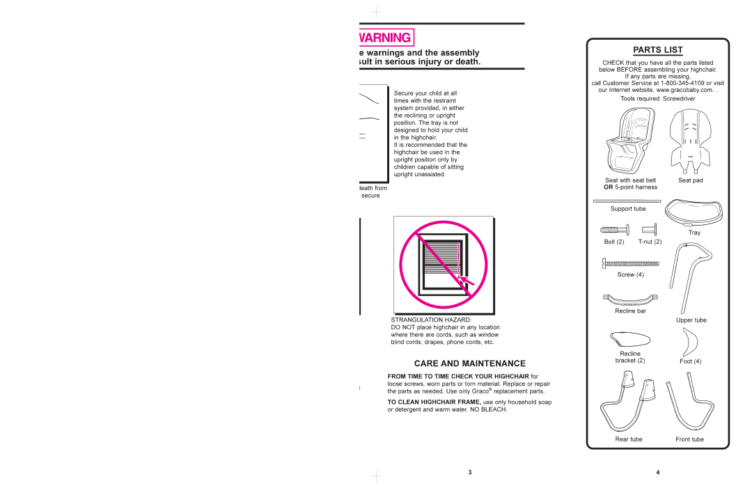 Graco 3635, 3630 manual From Time to Time Check Your Highchair for, To Clean Highchair FRAME, use only household soap 