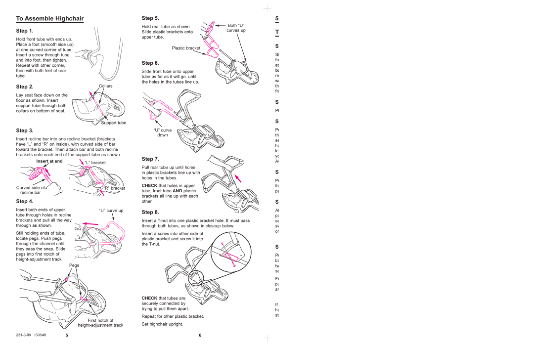 Graco 3630, 3635 manual To Assemble Highchair, Step, Insert at end Bracket 