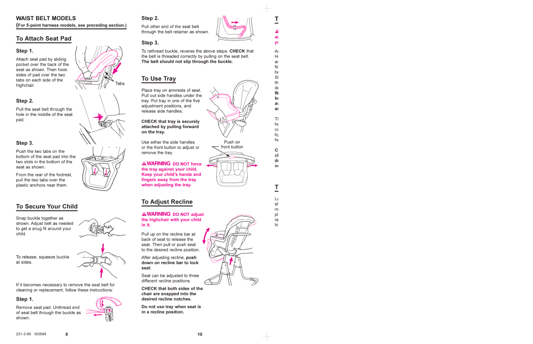 Graco 3630, 3635 manual To Use Tray, To Adjust Recline, For 5-point harness models, see preceding section 