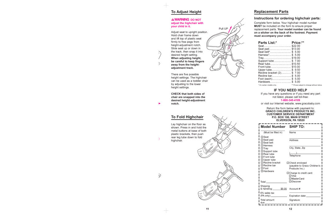 Graco 3635, 3630 manual To Adjust Height Replacement Parts, To Fold Highchair, Adjust the highchair with, Your child in it 