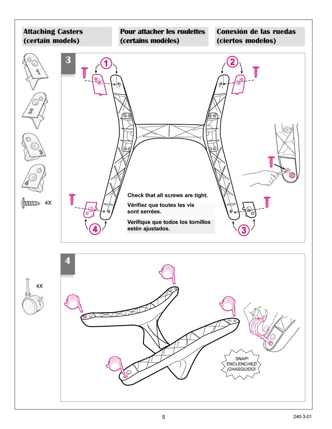 Graco 3650, 3656, 3655, 3645 manual Attaching Casters, Conexión de las ruedas, Certain models Certains modèles Ciertos modelos 