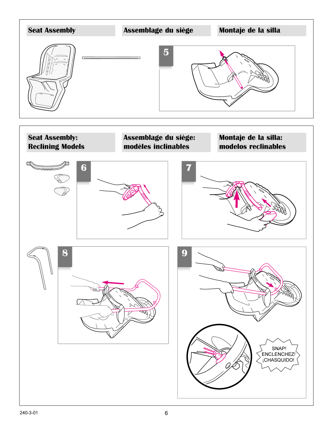 Graco 3655, 3656, 3650, 3645 manual Seat Assembly, Montaje de la silla 