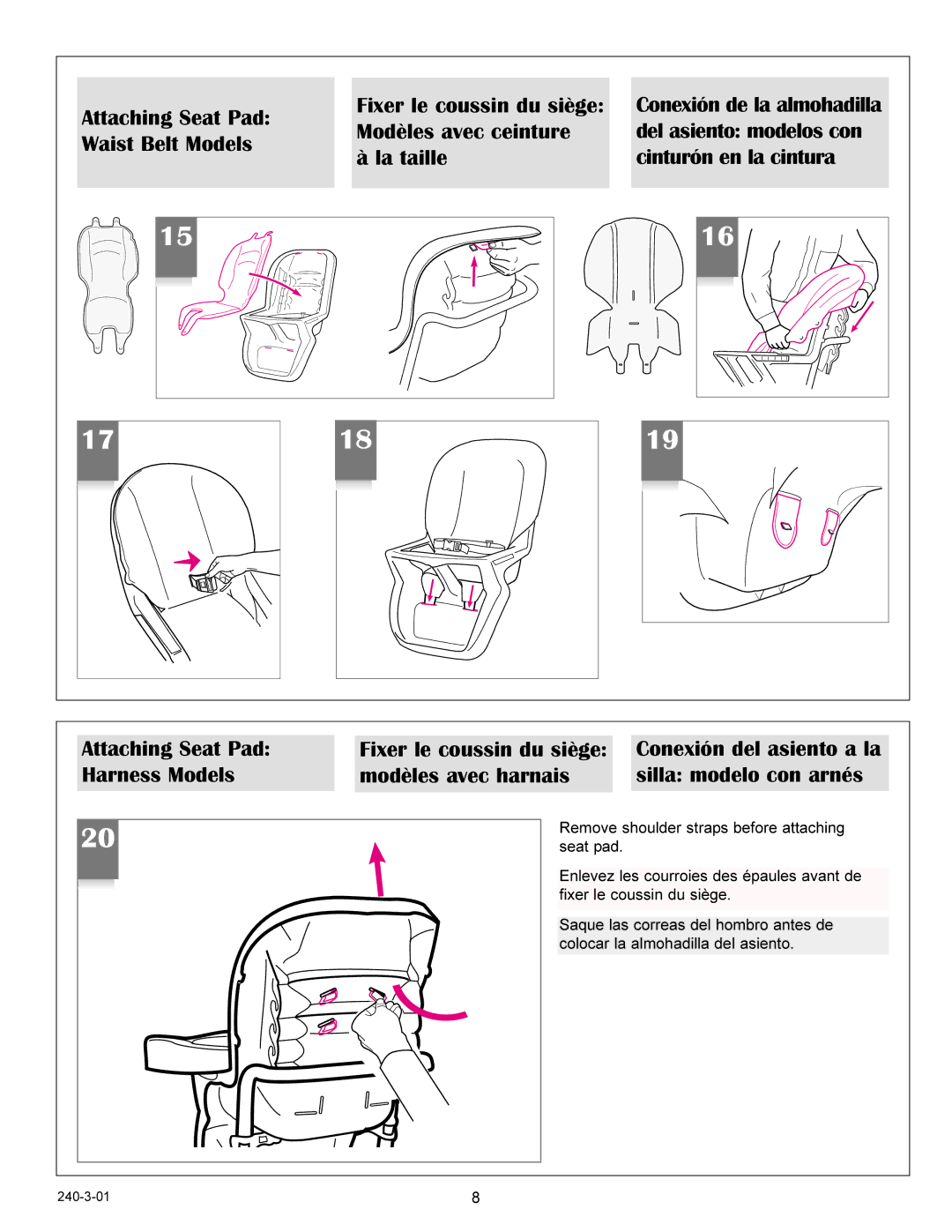 Graco 3656, 3650, 3655, 3645 manual Del asiento modelos con cinturón en la cintura 