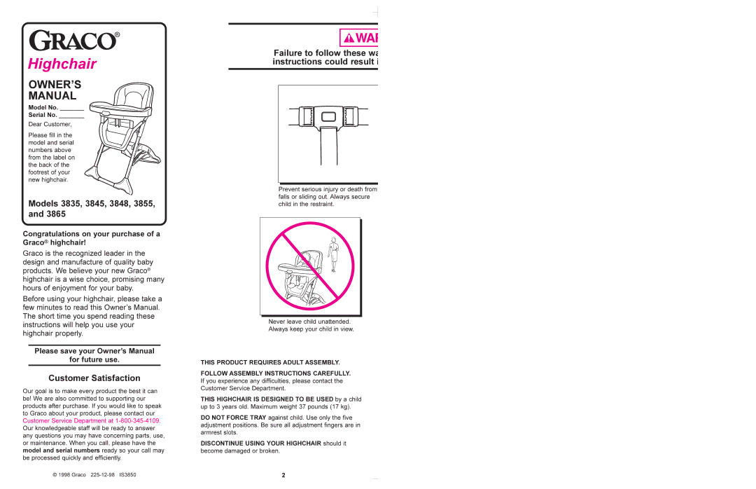 Graco manual Models 3835, 3845, 3848, 3855, Customer Satisfaction, Failure to follow these wa instructions could result 