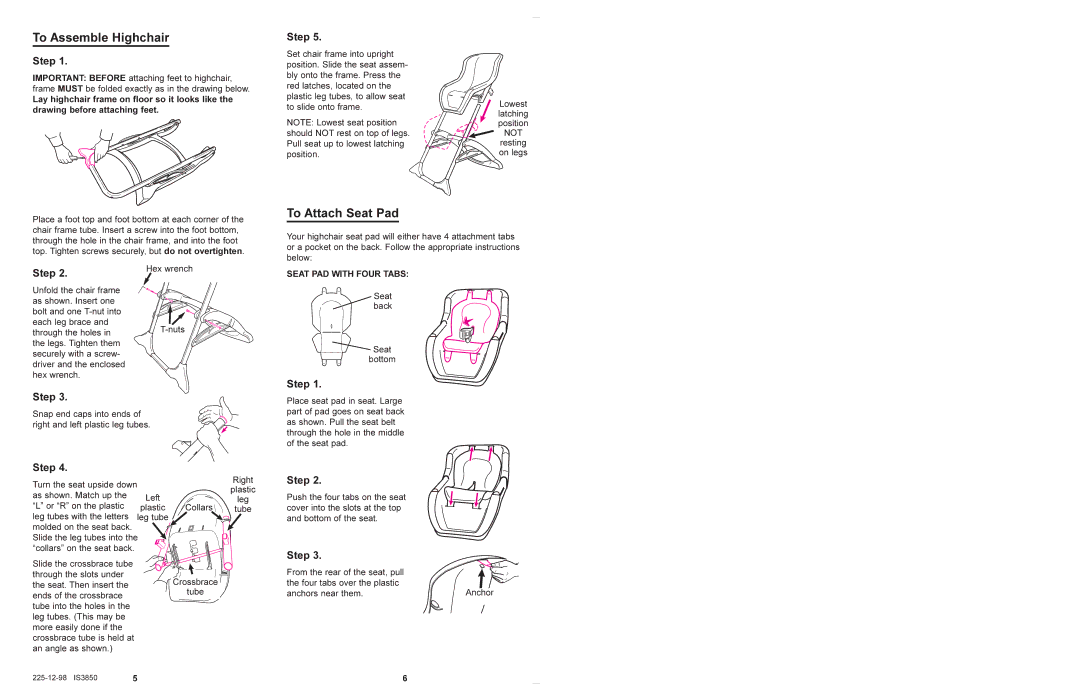 Graco 3835 manual To Assemble Highchair, To Attach Seat Pad, Step, Seat PAD with Four Tabs 