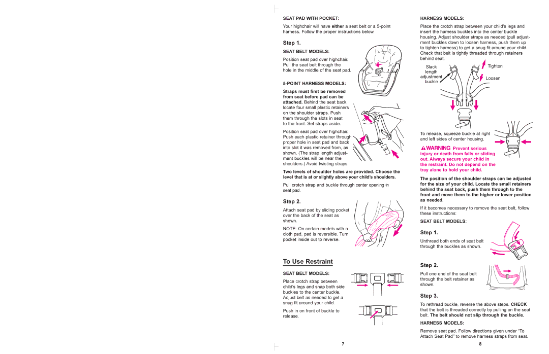 Graco 3835 manual To Use Restraint, Seat PAD with Pocket, Seat Belt Models, Point Harness Models 