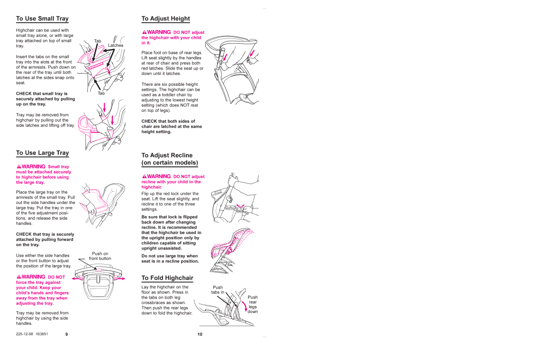 Graco 3835 To Use Small Tray, To Adjust Height, To Use Large Tray, To Fold Highchair, To Adjust Recline on certain models 