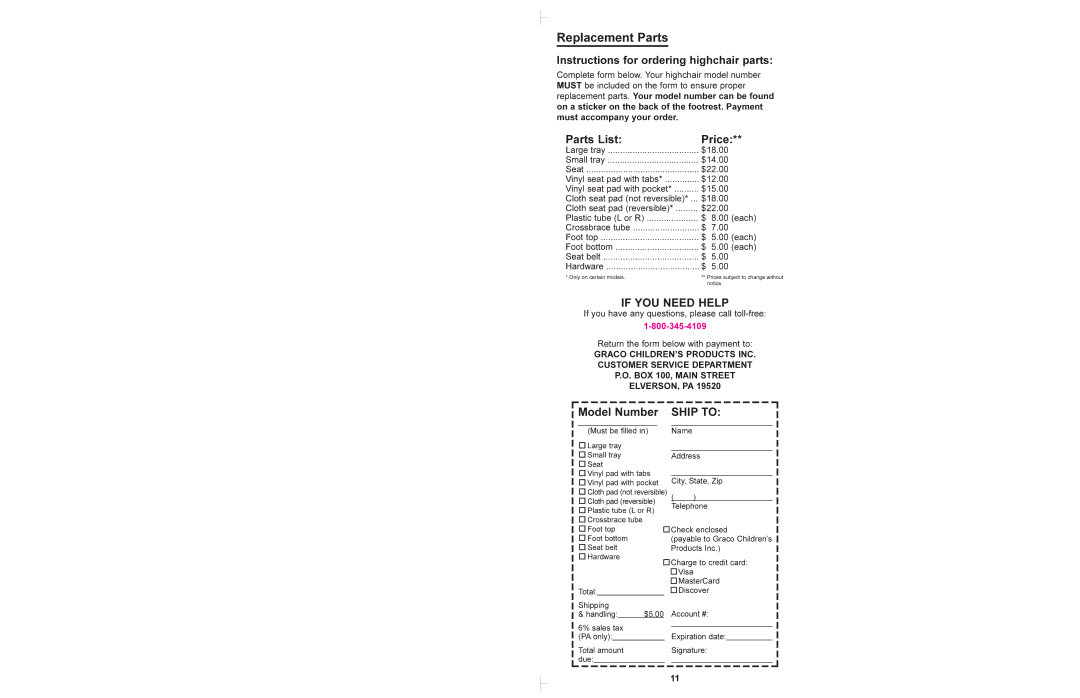 Graco 3835 manual Replacement Parts, Instructions for ordering highchair parts 