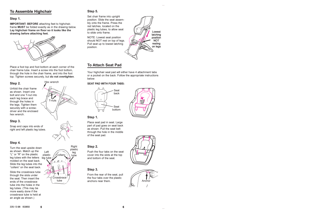 Graco 3835 manual To Assemble Highchair, To Attach Seat Pad, Step, Seat Pad With Four Tabs 