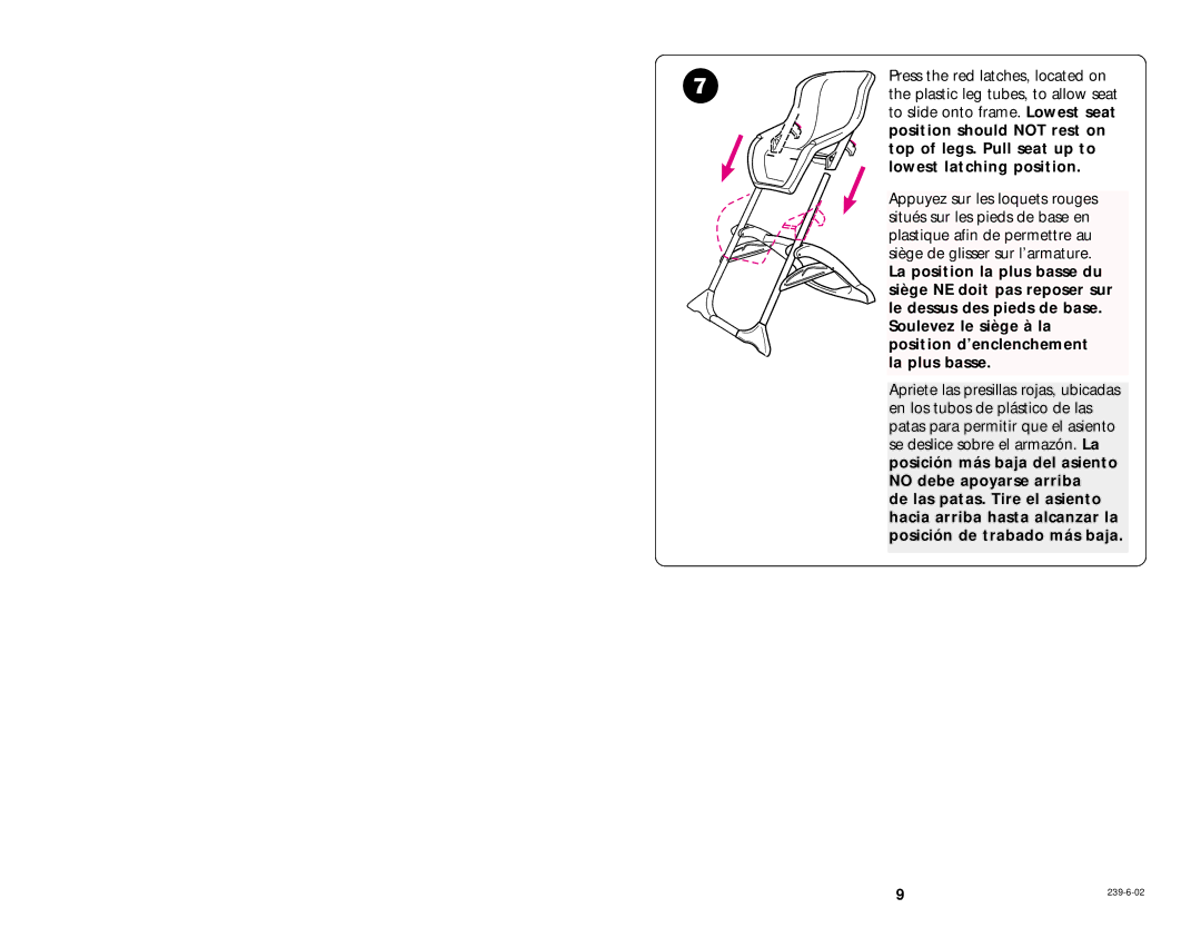 Graco 3868 manual Press the red latches, located on, Plastic leg tubes, to allow seat, To slide onto frame. Lowest seat 