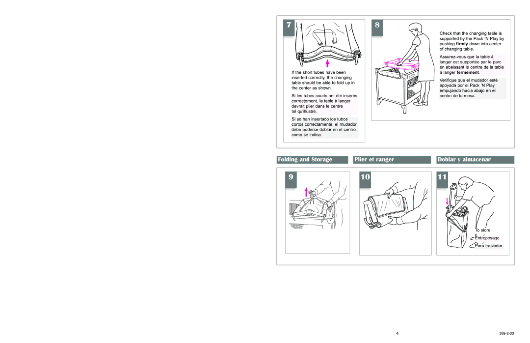 Graco 389-8-00 manual Folding and Storage Plier et ranger Doblar y almacenar, Langer fermement 