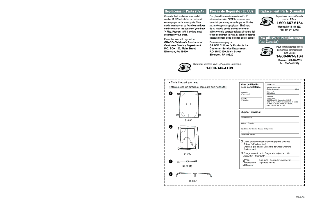 Graco 389-8-00 manual Replacement Parts USA, Piezas de Repuesto EE.UU, Des pièces de remplacement au Canada, Montreal Fax 