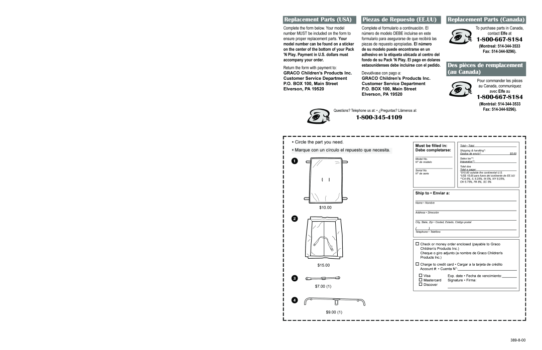 Graco 389-8-00 Replacement Parts USA, Piezas de Repuesto EE.UU, Des pièces de remplacement au Canada, Montreal Fax, $10.00 