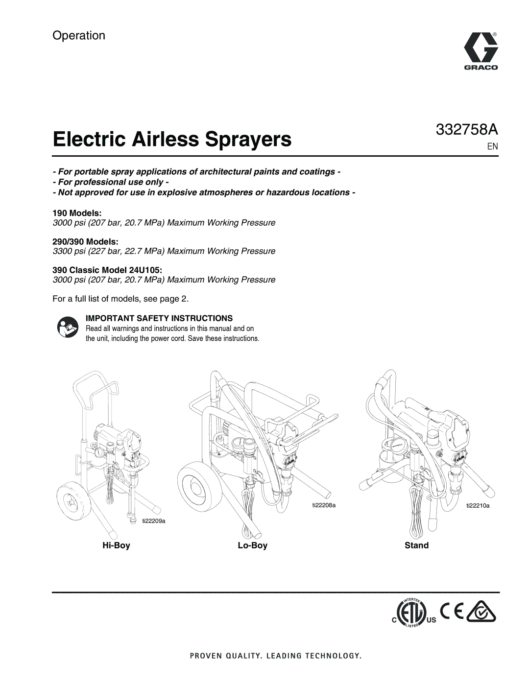 Graco 290/390, 190 important safety instructions Electric Airless Sprayers, Important Safety Instructions 