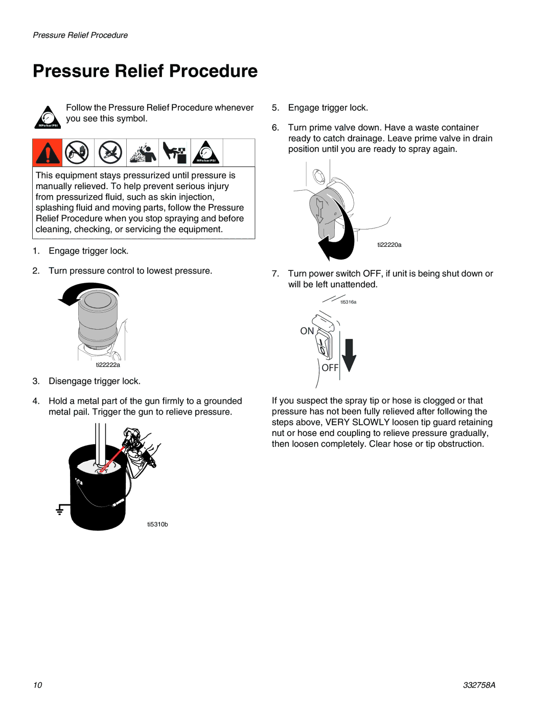 Graco 290/390, 390 Classic Model 24U105, 190 important safety instructions Pressure Relief Procedure 