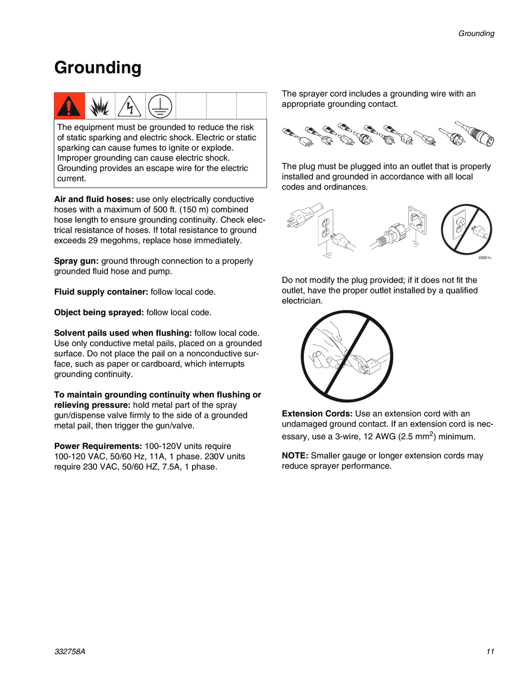 Graco 190, 390 Classic Model 24U105, 290/390 important safety instructions Grounding 