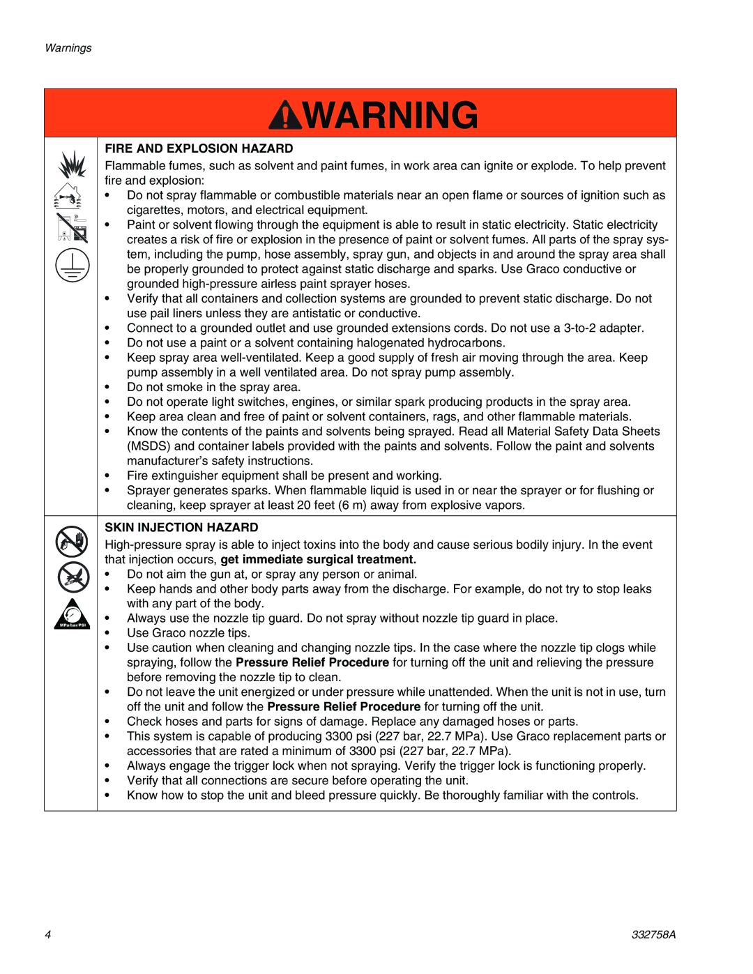 Graco 290/390, 390 Classic Model 24U105, 190 important safety instructions Fire and Explosion Hazard, Skin Injection Hazard 