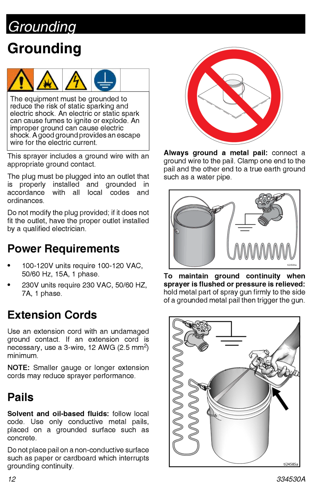 Graco 395/490/495/595 important safety instructions Grounding, Power Requirements, Extension Cords, Pails 