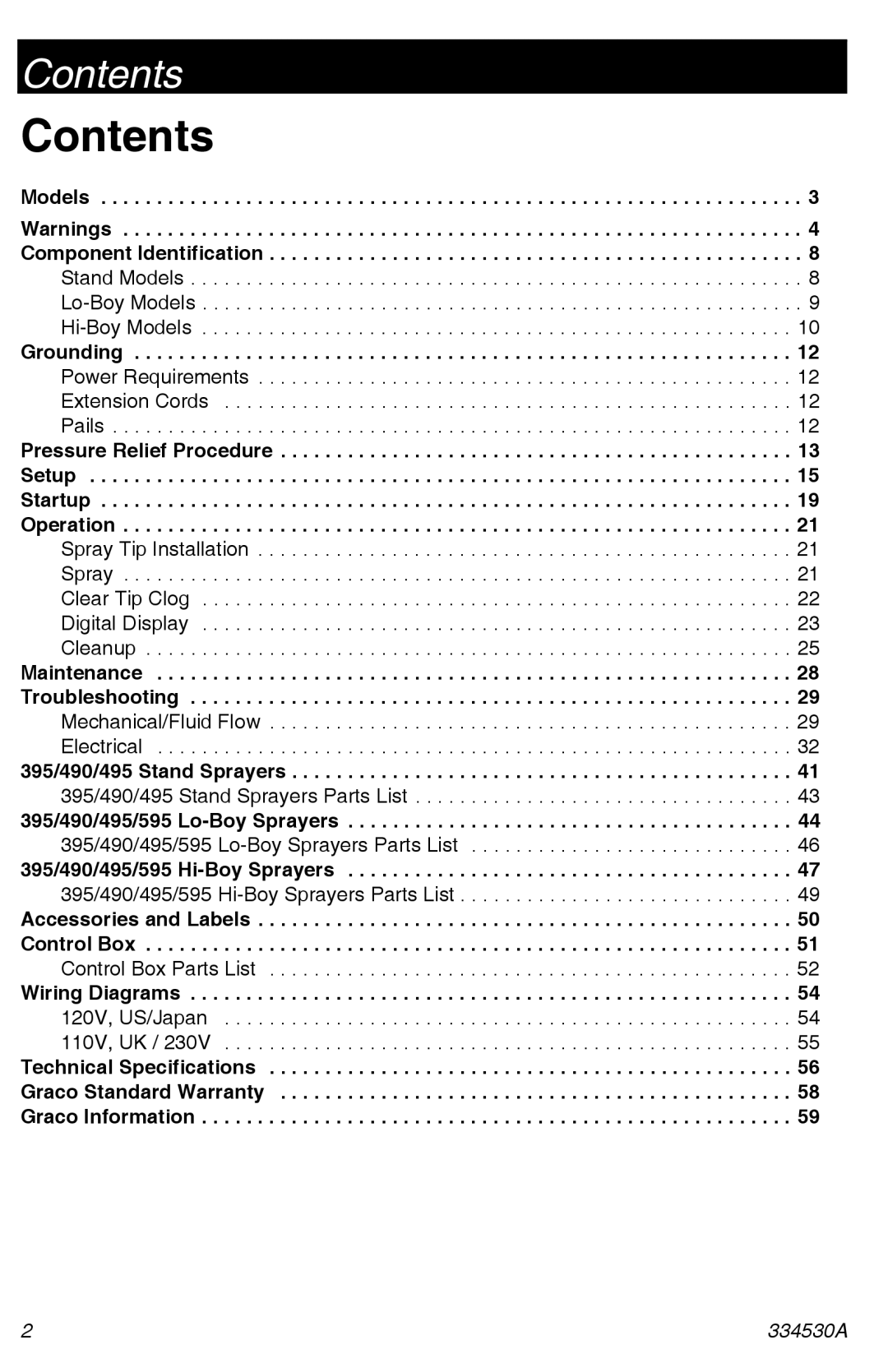 Graco 395/490/495/595 important safety instructions Contents 