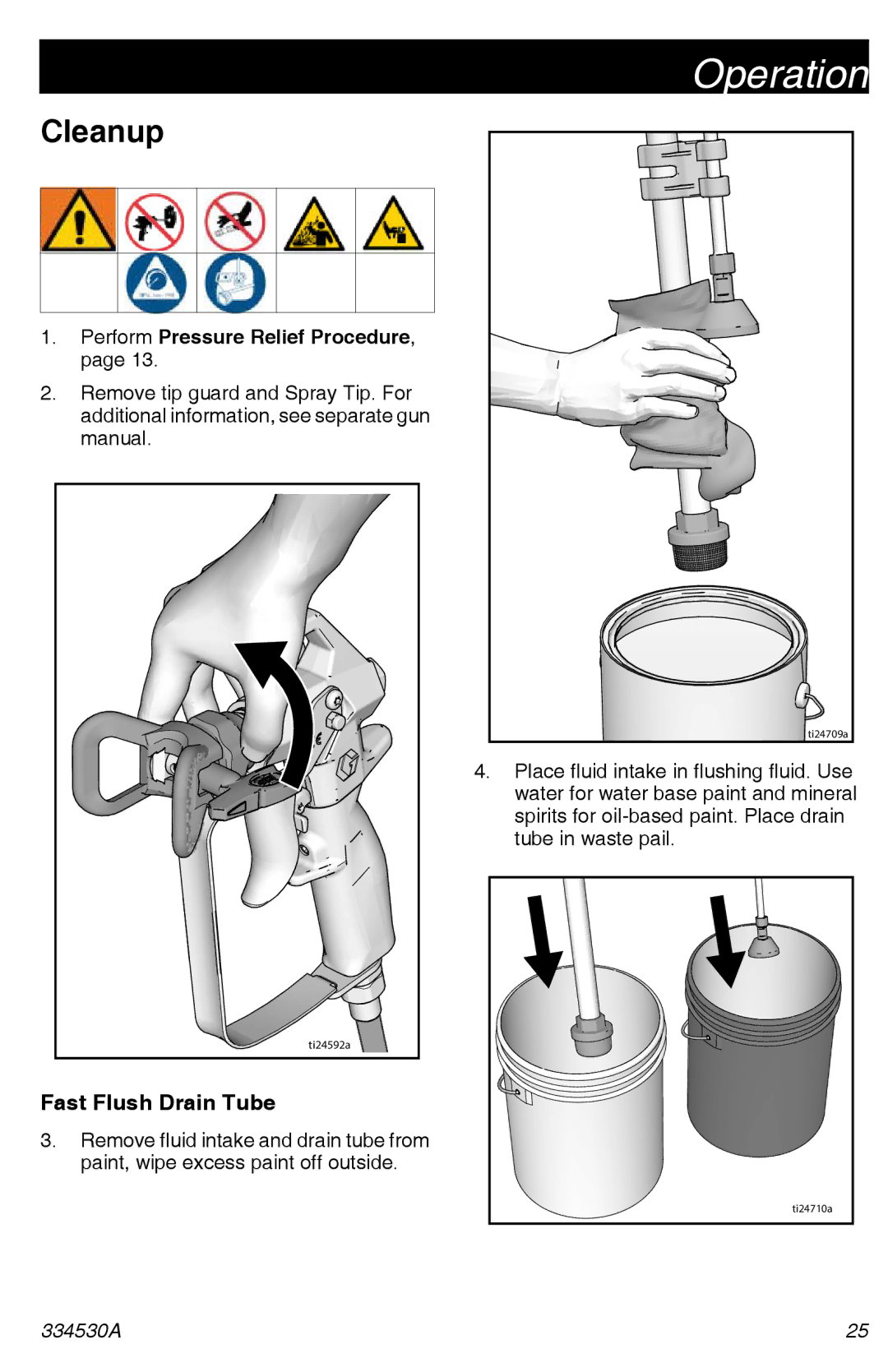 Graco 395/490/495/595 important safety instructions Cleanup, Fast Flush Drain Tube 