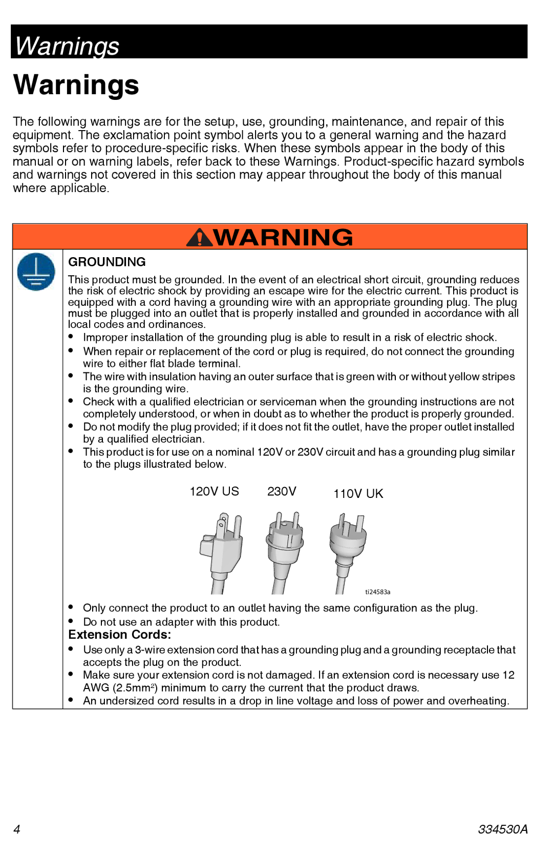 Graco 395/490/495/595 important safety instructions Grounding, Extension Cords 