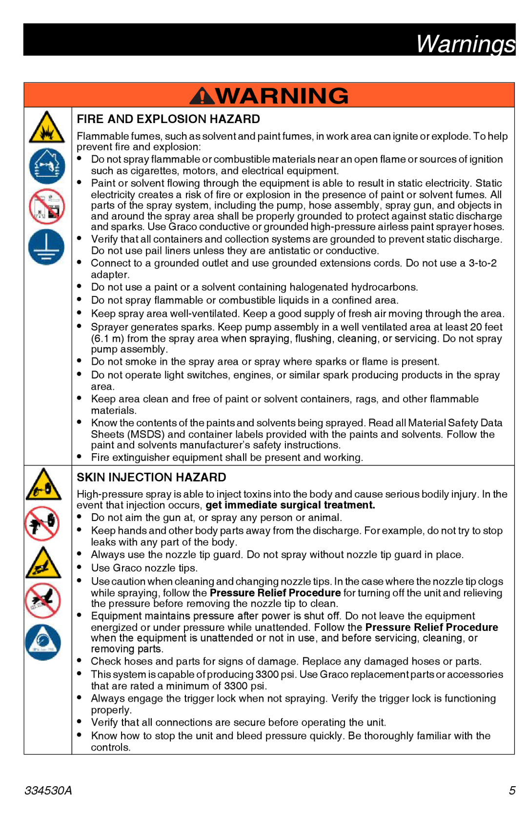 Graco 395/490/495/595 important safety instructions Fire and Explosion Hazard 