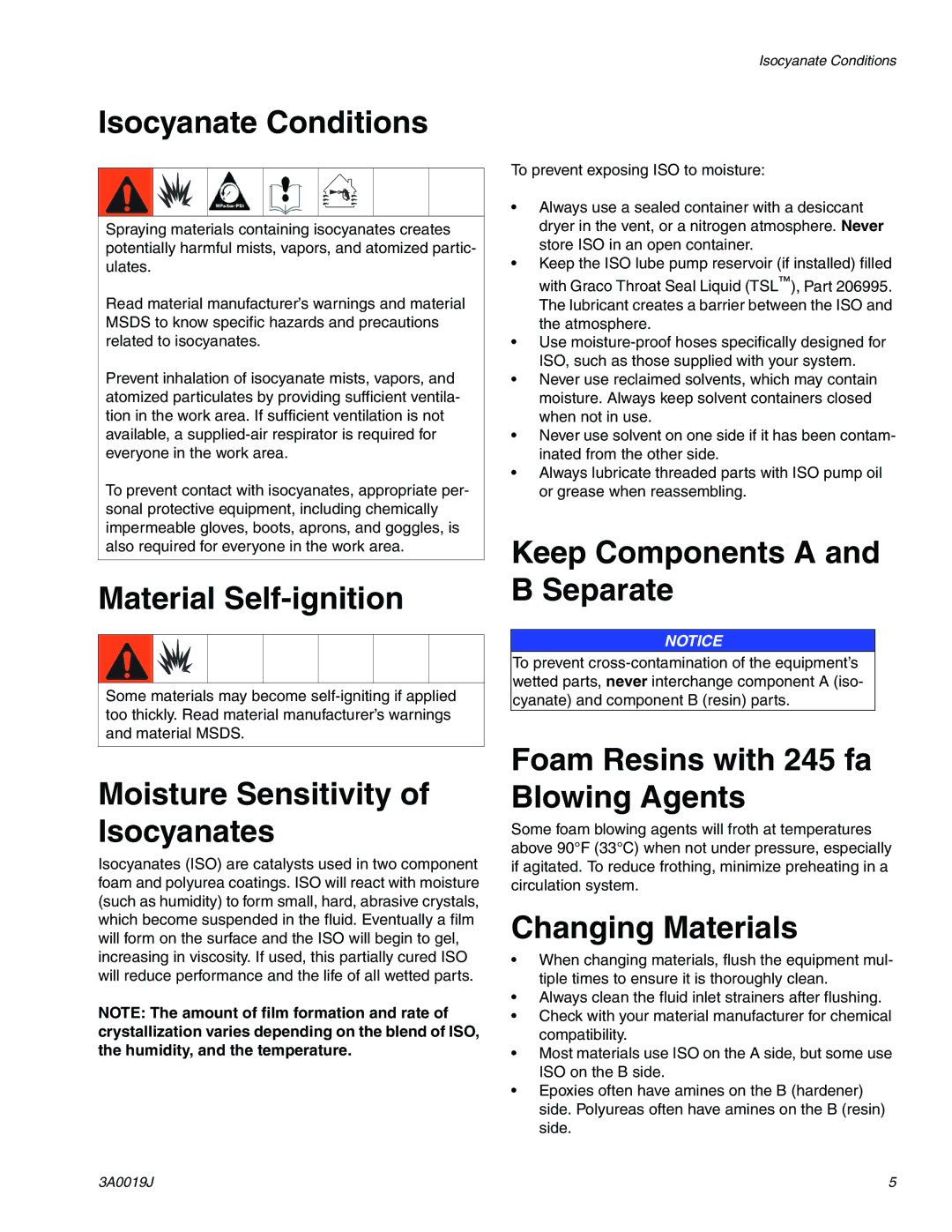 Graco 3A0019J Isocyanate Conditions, Material Self-ignition, Moisture Sensitivity of Isocyanates, Changing Materials 