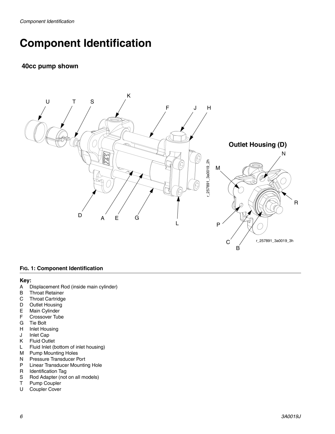 Graco 3A0019J important safety instructions Component Identification, 40cc pump shown, Outlet Housing D 