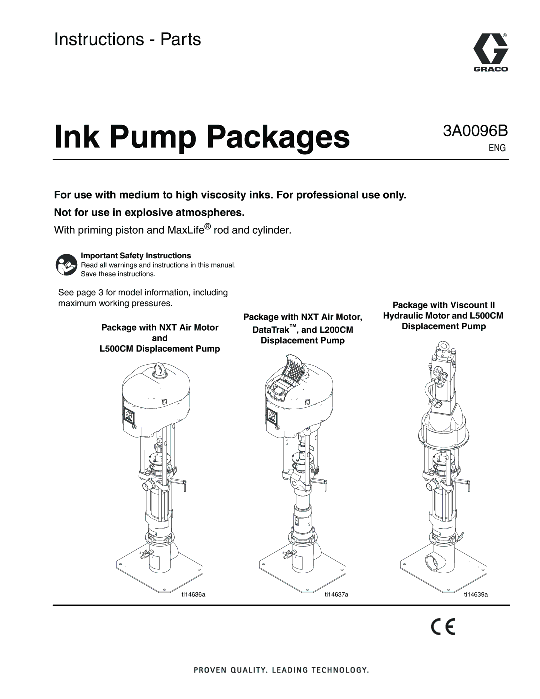 Graco 3A0096B important safety instructions Package with NXT Air Motor L500CM Displacement Pump 