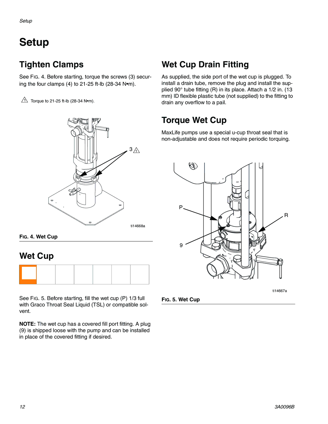 Graco 3A0096B important safety instructions Setup, Tighten Clamps, Wet Cup Drain Fitting, Torque Wet Cup 