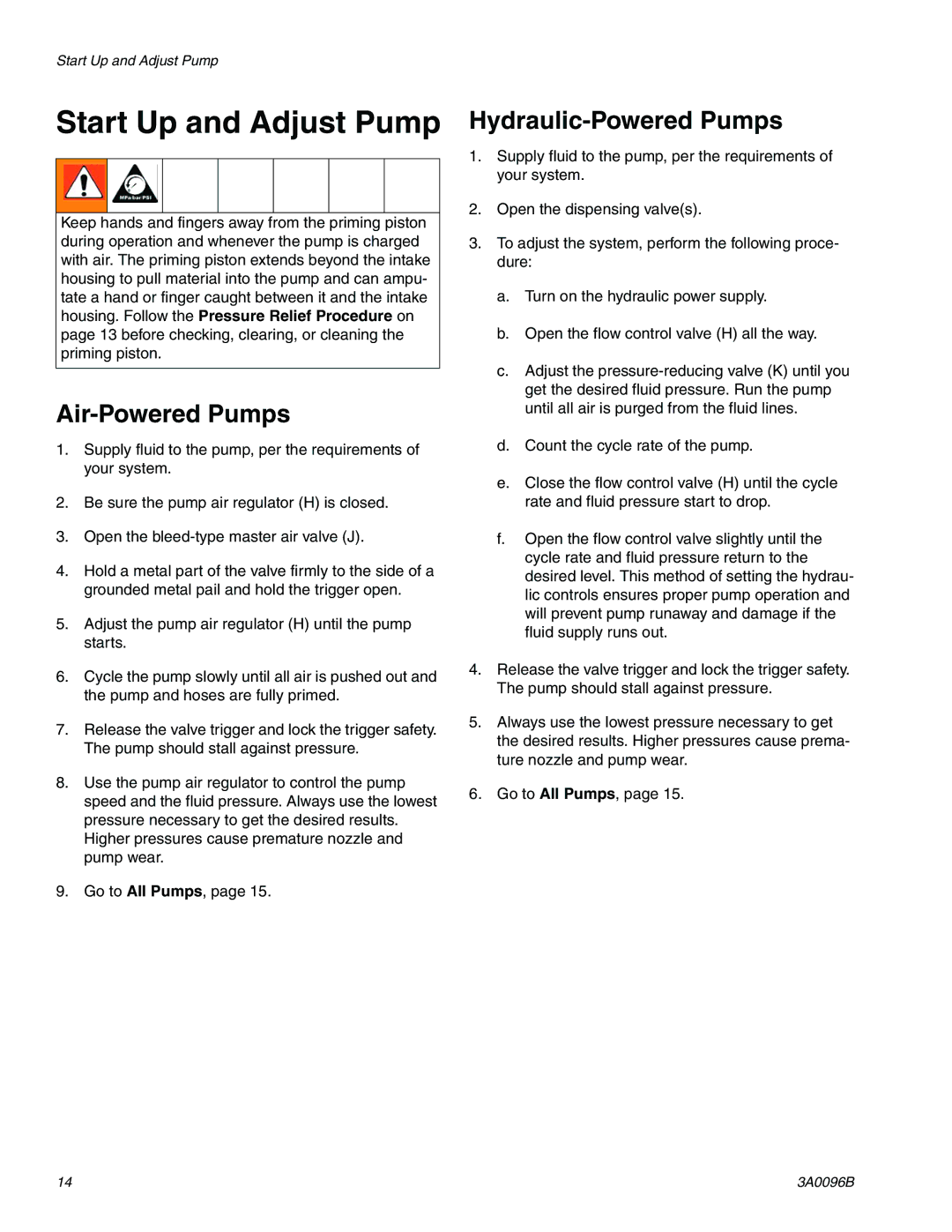 Graco 3A0096B important safety instructions Start Up and Adjust Pump, Air-Powered Pumps 