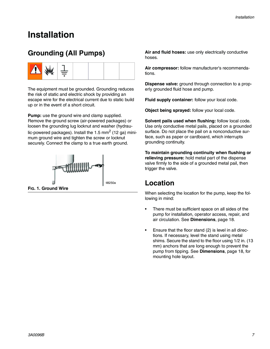 Graco 3A0096B Installation, Grounding All Pumps, Location, Fluid supply container follow your local code 