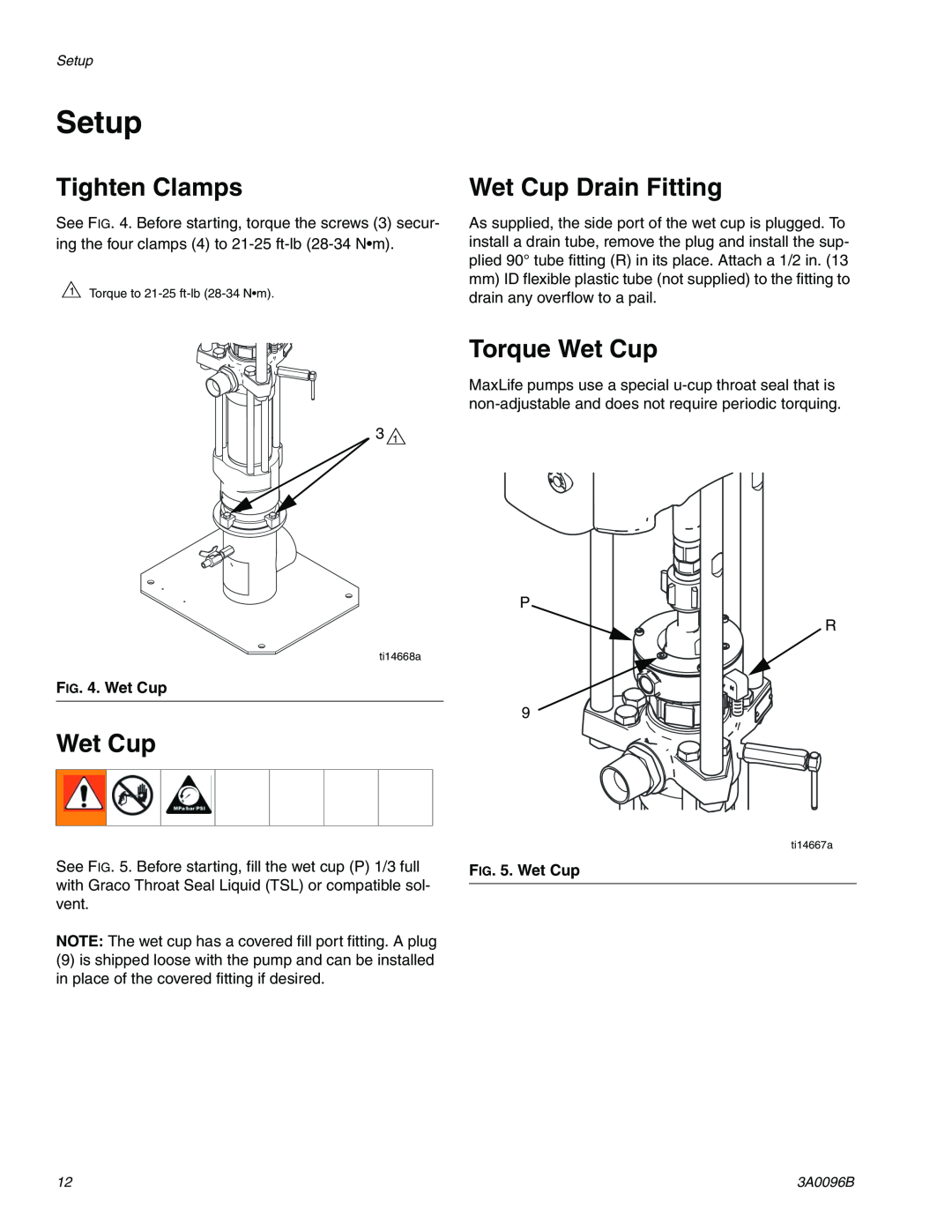 Graco 3A0096B important safety instructions Setup, Tighten Clamps, Wet Cup Drain Fitting, Torque Wet Cup 