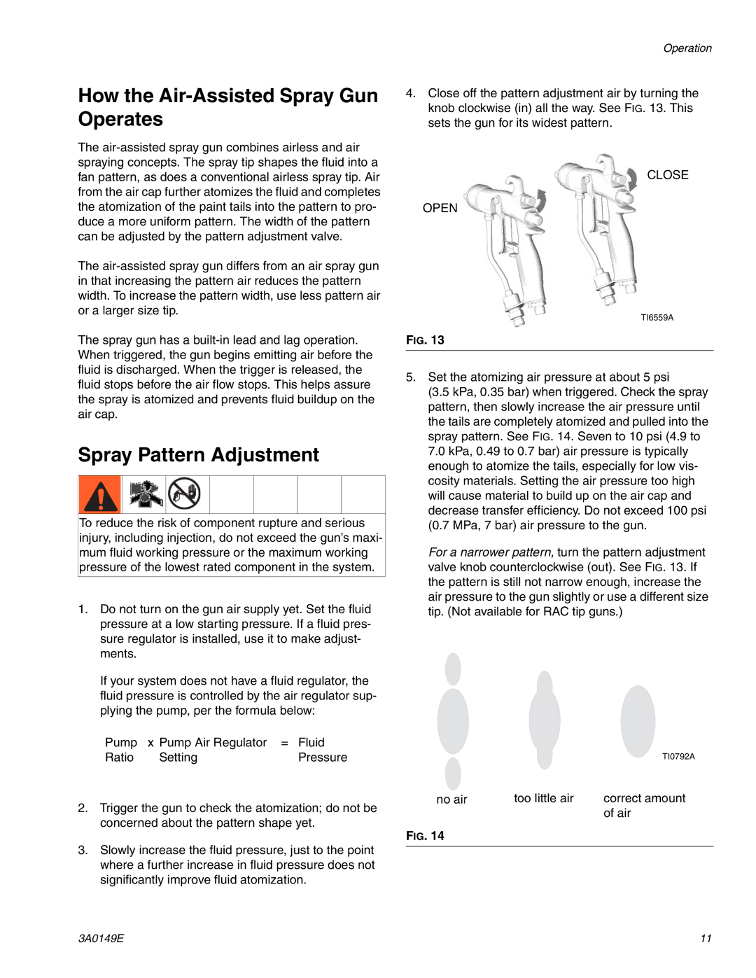 Graco 3A0149E important safety instructions How the Air-Assisted Spray Gun Operates, Spray Pattern Adjustment, Close Open 